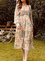 Women's Autumn Winter Long Sleeve V Neck Floral Dress
