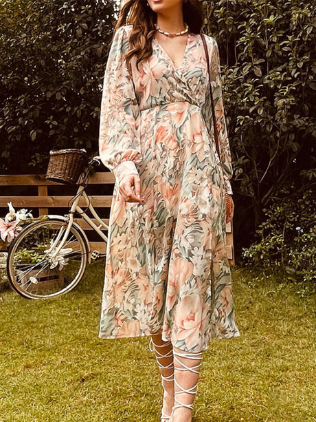 Women's Autumn Winter Long Sleeve V Neck Floral Dress