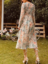 Women's Autumn Winter Long Sleeve V Neck Floral Dress