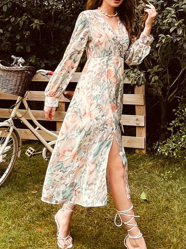 Women's Autumn Winter Long Sleeve V Neck Floral Dress