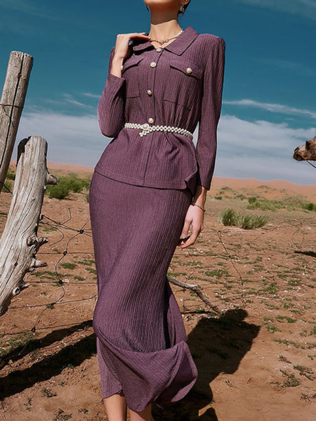 Women's Two Piece Loose Ribbed Button Down Blouse And Maxi Skirt