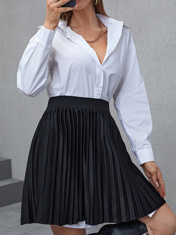 Women’s Illusion Collared Button Down Blouse With High Ribbed Faux Skirt Mini Dress