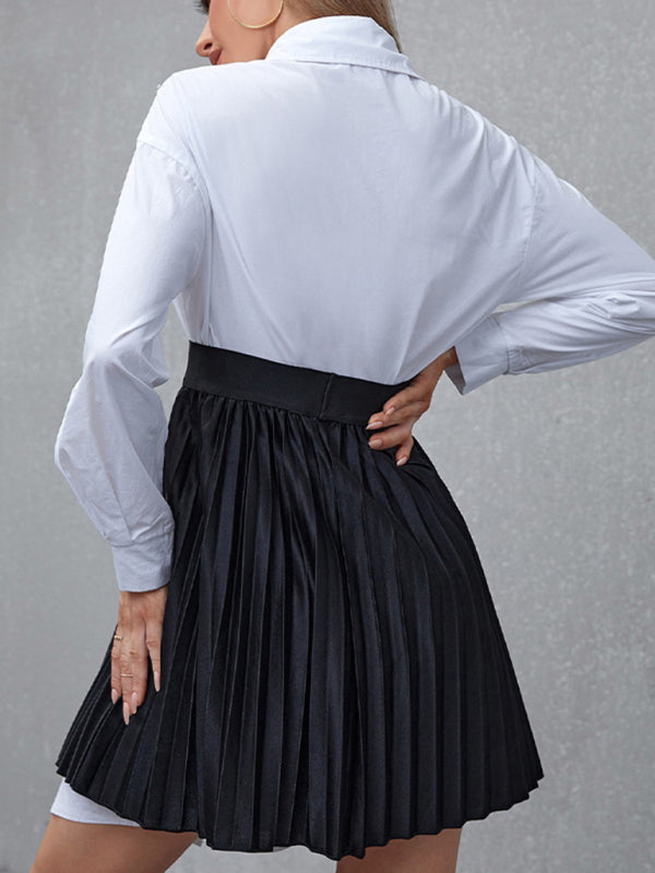 Women’s Illusion Collared Button Down Blouse With High Ribbed Faux Skirt Mini Dress