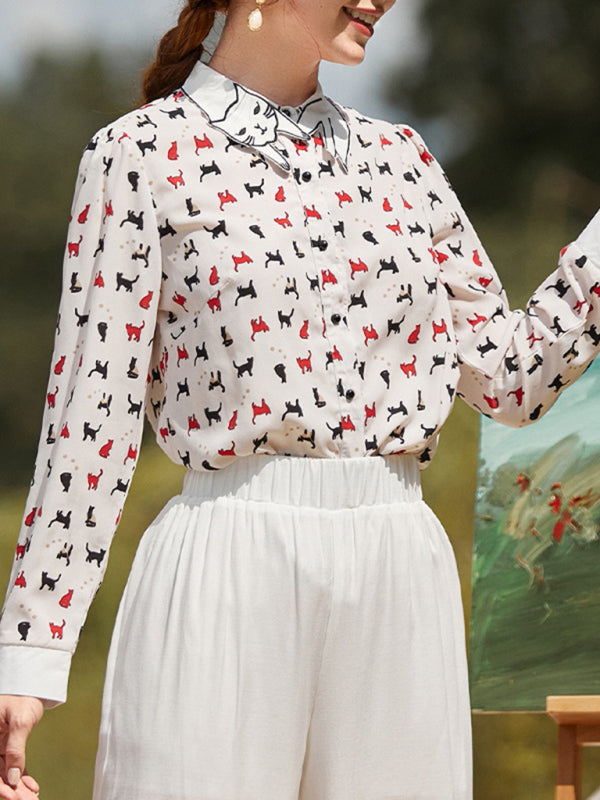 Women’s Statement Cat Print Blouse With Iconic Cat Cutout Collar