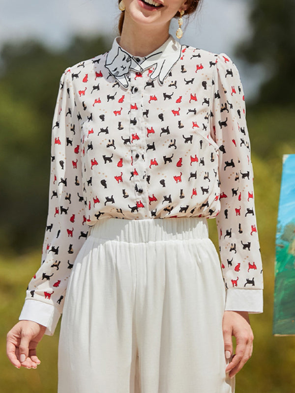 Women’s Statement Cat Print Blouse With Iconic Cat Cutout Collar