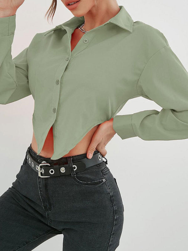 Women's Irregular Hem Lapel Elegant Long Sleeve Shirt