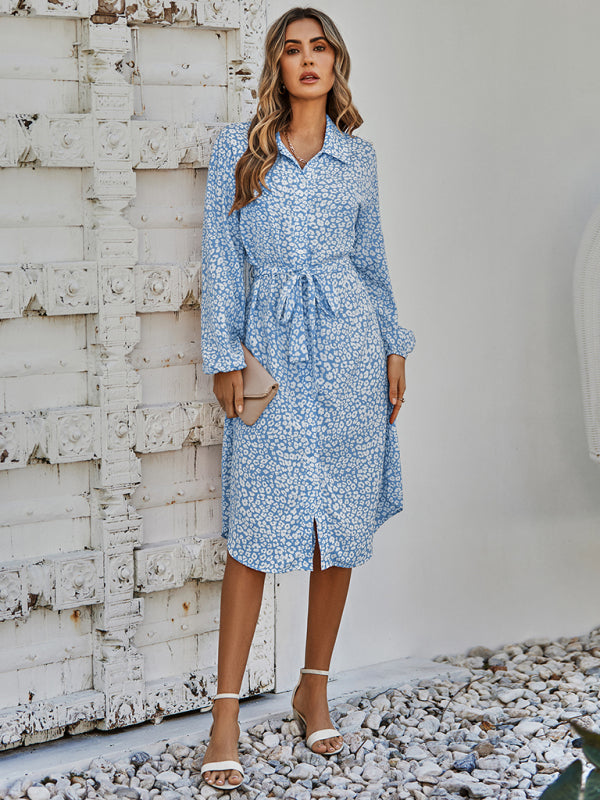 Women's fashion cardigan slim waistband Printed Dress