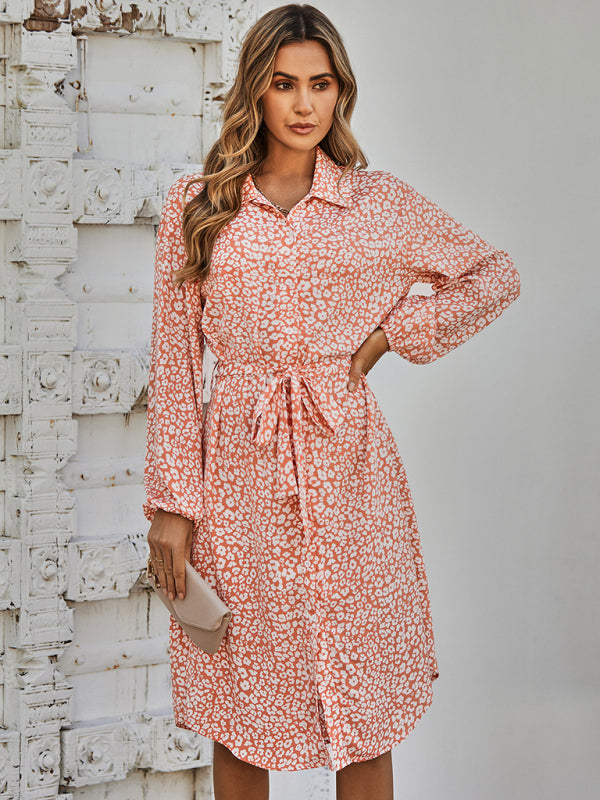 Women's fashion cardigan slim waistband Printed Dress