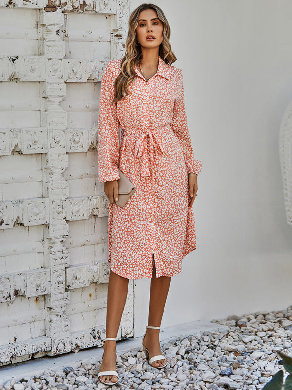 Women's fashion cardigan slim waistband Printed Dress