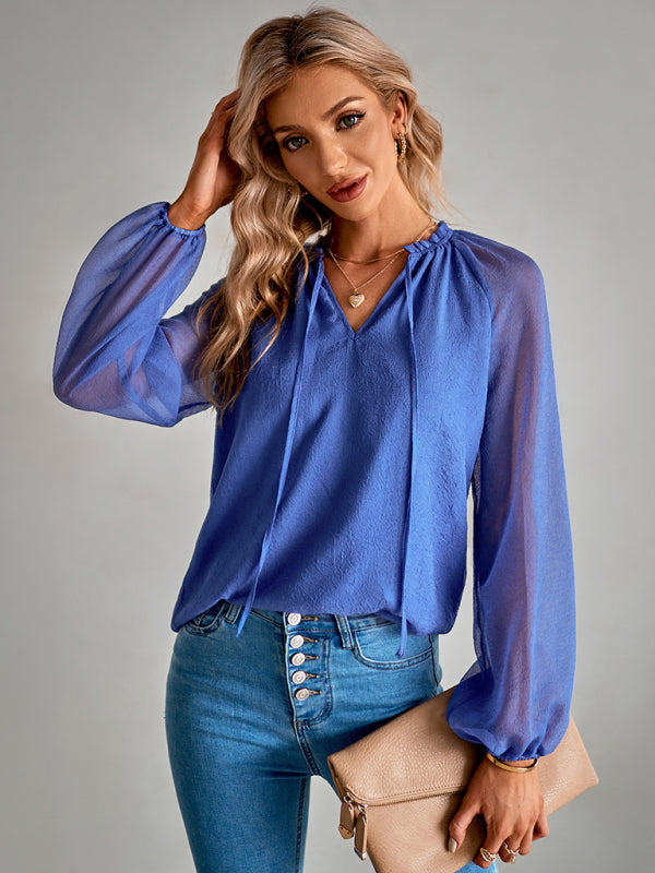 Women's fashion V-neck Pullover solid color chiffon shirt