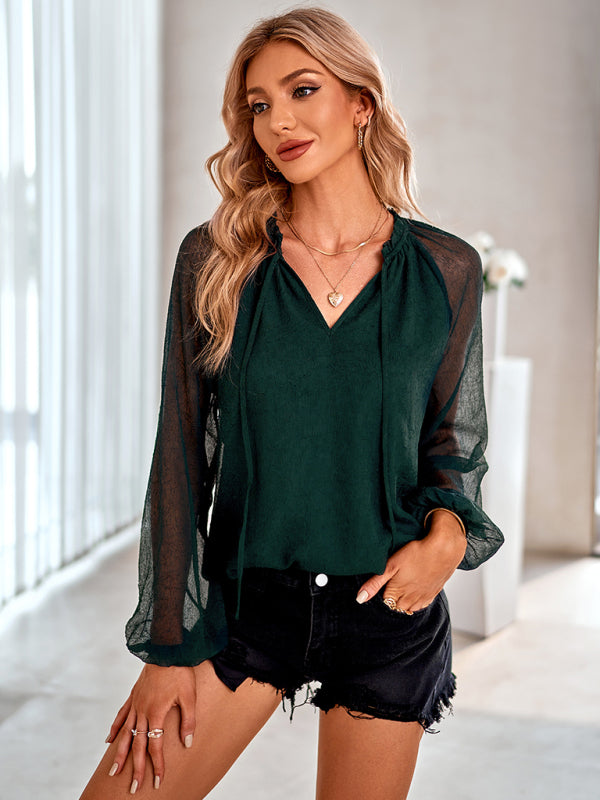 Women's fashion V-neck Pullover solid color chiffon shirt