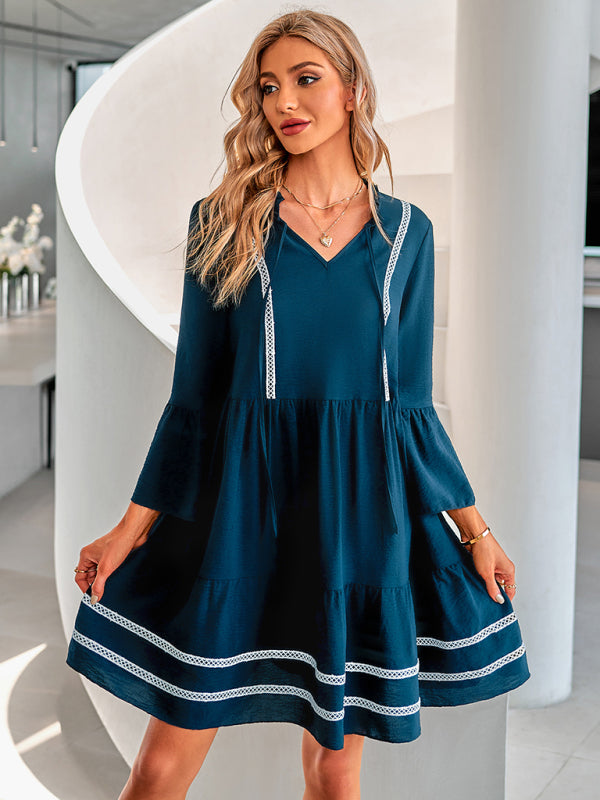 Women's casual solid color V-neck Ribbon Dress