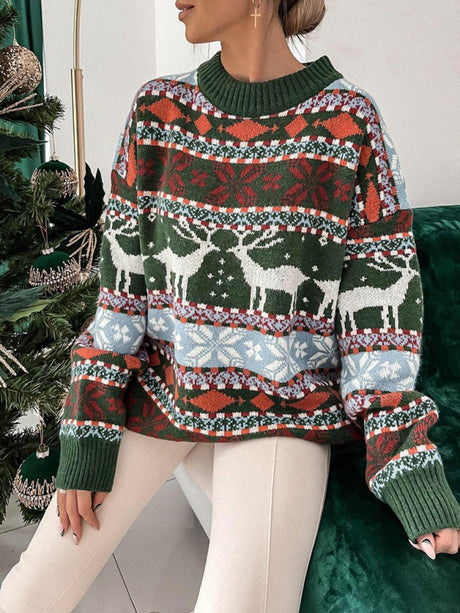 Opulence Emporion Women's Christmas Crew Neck Loose Jacquard Long Sleeve Sweater