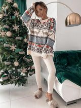 Opulence Emporion Women's Christmas Crew Neck Loose Jacquard Long Sleeve Sweater