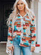 Women's multi-coloured printed buttoned pocket chest long sleeve shirt