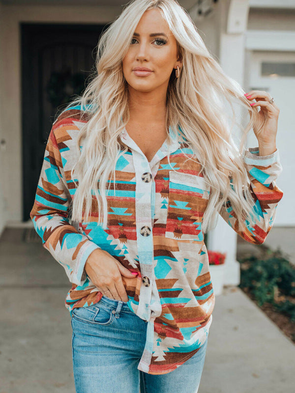 Women's multi-coloured printed buttoned pocket chest long sleeve shirt
