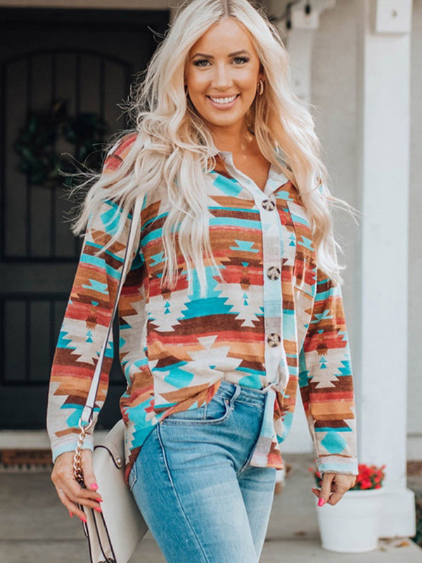 Women's multi-coloured printed buttoned pocket chest long sleeve shirt