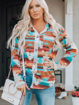 Women's multi-coloured printed buttoned pocket chest long sleeve shirt