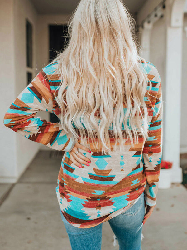 Women's multi-coloured printed buttoned pocket chest long sleeve shirt