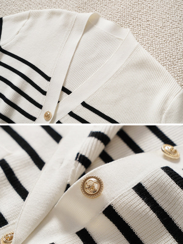 Women's Striped Gold Button Cardigan V-Neck Knit Jacket