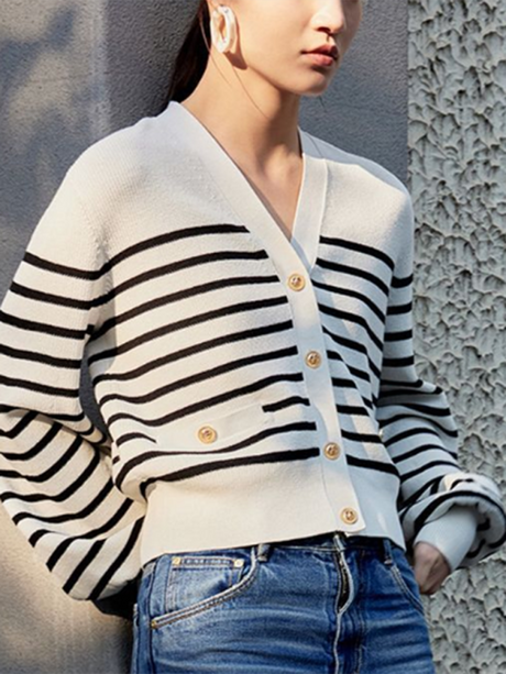 Women's Striped Gold Button Cardigan V-Neck Knit Jacket