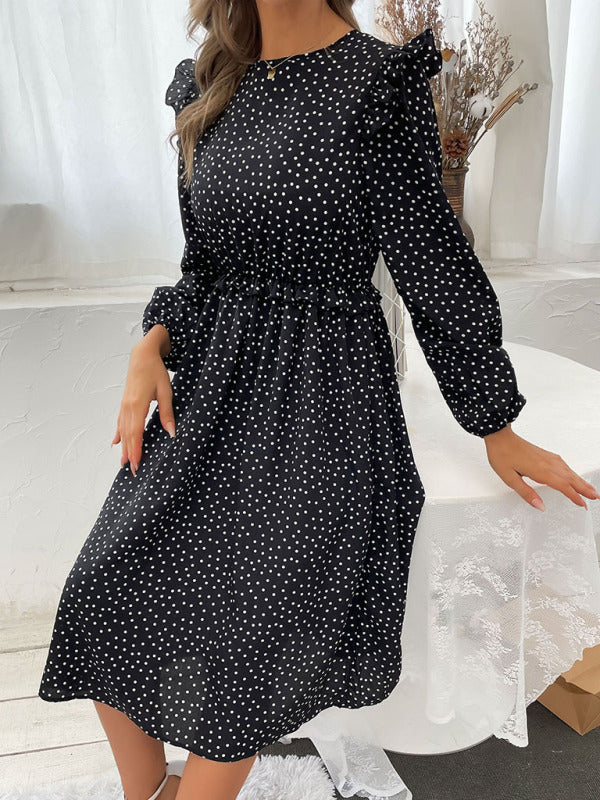 Women's ruffle polka dot long sleeve dress
