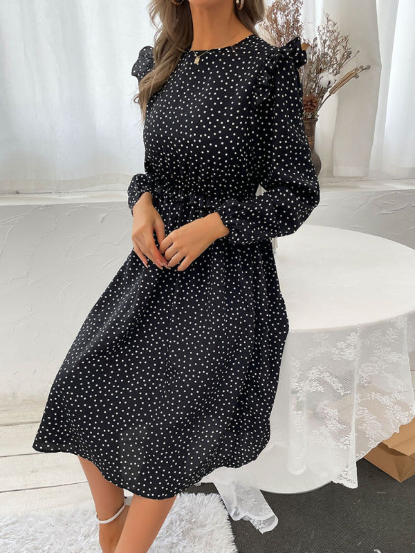 Women's ruffle polka dot long sleeve dress