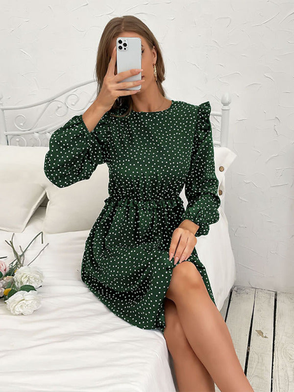 Women's ruffle polka dot long sleeve dress