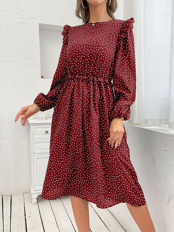 Women's ruffle polka dot long sleeve dress