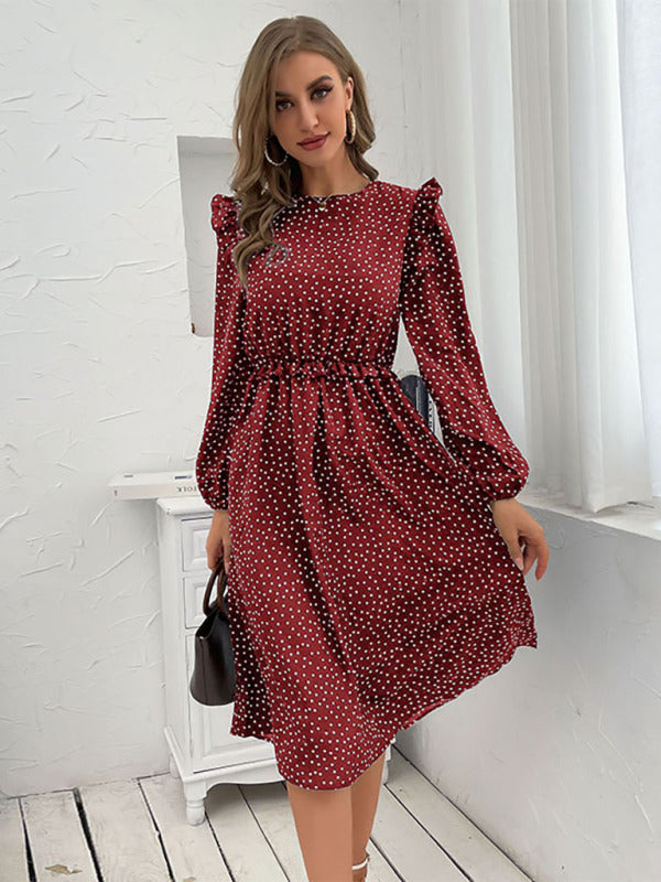 Women's ruffle polka dot long sleeve dress