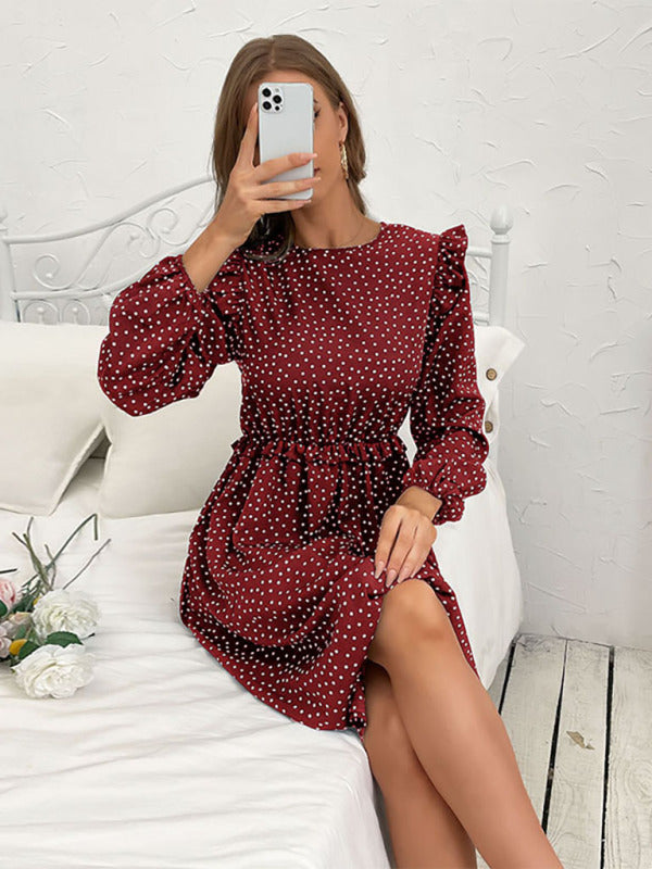 Women's ruffle polka dot long sleeve dress