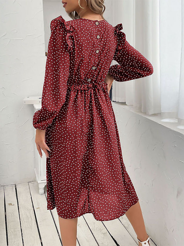 Women's ruffle polka dot long sleeve dress
