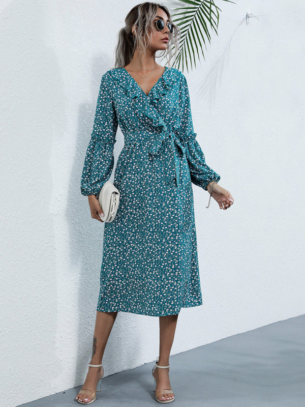 Women's ruffle collar long-sleeved floral dresses