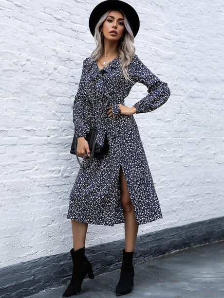 Women's ruffle collar long-sleeved floral dresses