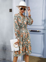 Women's temperament ruffle print retro long-sleeved dress
