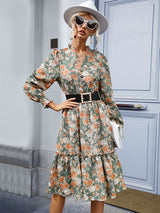 Women's temperament ruffle print retro long-sleeved dress