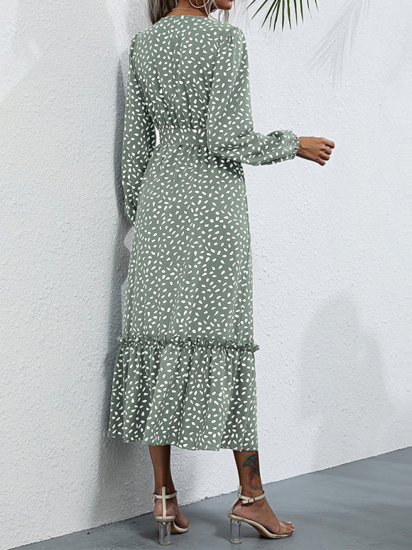 Women's temperament black polka dot long-sleeved dress