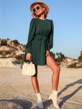 Women's lace-up green dress short dress