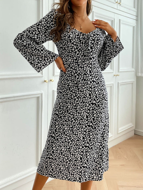 Women's backless print long-sleeved dress