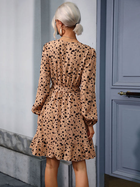 Women's long-sleeved v-neck lace-up leopard print bottoming dress