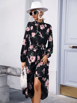 Women's print long sleeve half high neck long dress dress