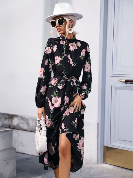 Women's print long sleeve half high neck long dress dress