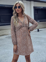 Women's wooden ear edge leopard print high waist A-line short dress dress