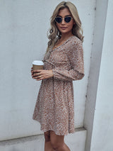Women's wooden ear edge leopard print high waist A-line short dress dress