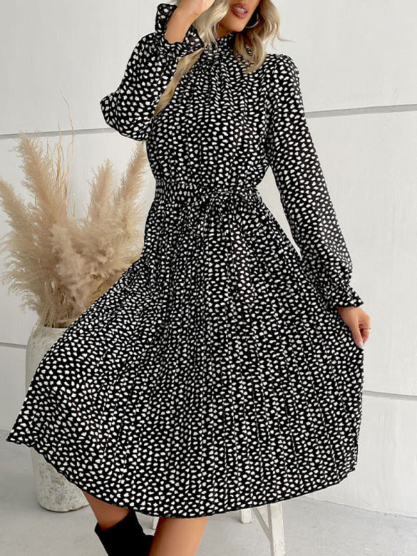 Women’s High Collar Dotted Dress With Waist Tie