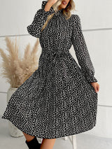 Women’s High Collar Dotted Dress With Waist Tie