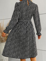 Women’s High Collar Dotted Dress With Waist Tie