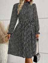 Women’s High Collar Dotted Dress With Waist Tie