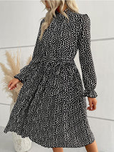 Women’s High Collar Dotted Dress With Waist Tie