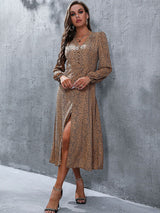 Women’s Silky Leopard Print Maxi Dress With Slit And Long Sleeves